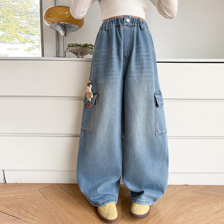 

Широкі джинсові штани для дівчат - Стильний весняно-осінній образ 2026 року для дітей середнього та старшого віку 160 cm синій