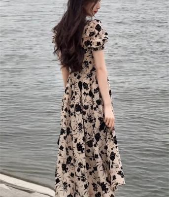 Summer Women's Fragmented Flower Dress French Black Rose Print Long Dress Slightly Slim Elegant Large Skirt