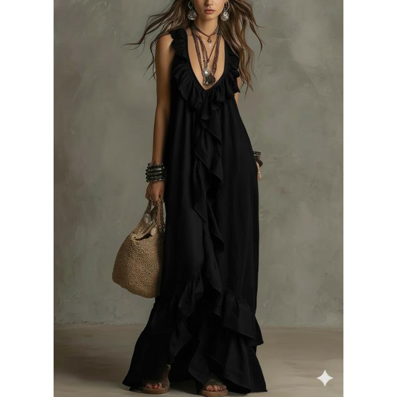 Women s Boho Ruffled Maxi Dress Deep V Neck Sleeveless Vintage Burgundy Flowy Casual Beach Vacation Bohemian Long Dress S чёрный