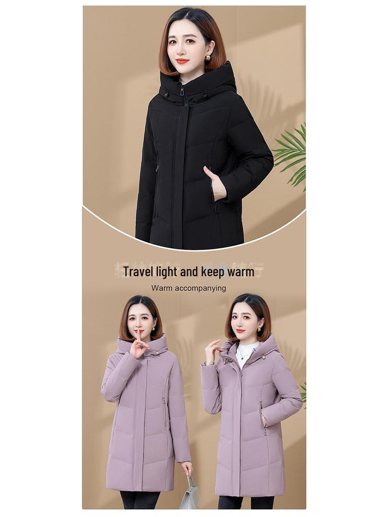Luxury Women's Mid-Length Hooded Down Jacket - Premium White Duck Down