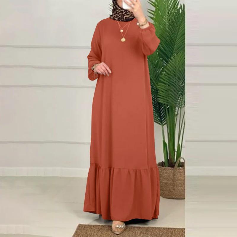 Elegant Puff Sleeve Solid Color Arabic Long Dress with Ruffles