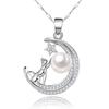 Silver Necklace for Women, Cat and Pearl Crescent Moon Design, Brand Name, Popular Birthday Gift for Women, Girlfriend, Mother, High-End Gift Box Incl
