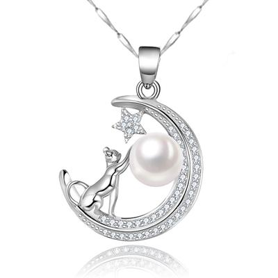 Silver Necklace for Women, Cat and Pearl Crescent Moon Design, Brand Name, Popular Birthday Gift for Women, Girlfriend, Mother, High-End Gift Box Incl