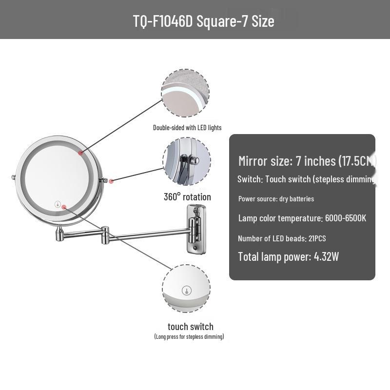 LED Wall-Mounted Folding Telescopic Double-Sided Makeup Mirror Flat + 3x Magnification with Mounting Plate