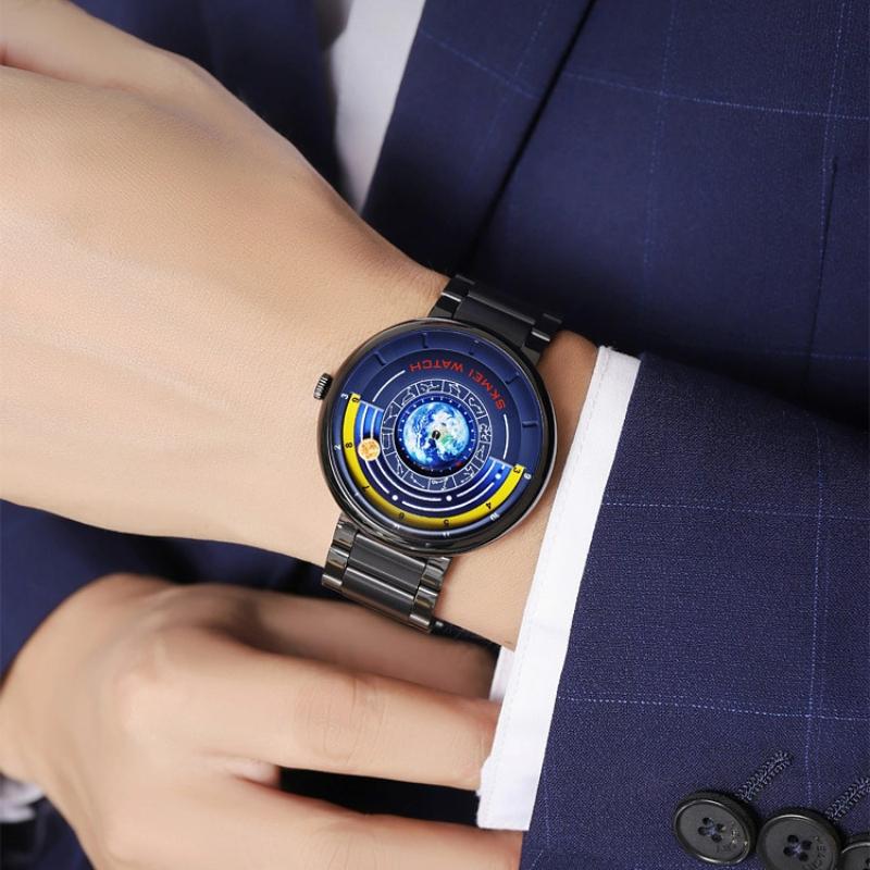 SKMEI Unique Earth Watch Men Fashion Watches Business Stainless Steel Waterproof Quartz Watch For Man