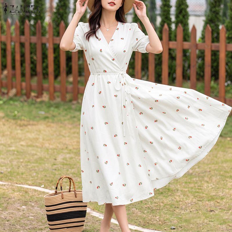ZANZEA Women Casual V-Neck Half Sleeve Elegant Summer Floral Print Dress