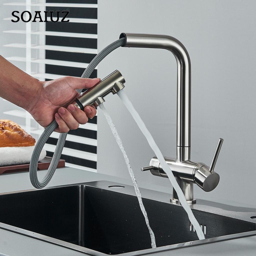 Robinet de bucatarie cu filtru extras Robinet de purificare din alama cromata Rotire 360 Pulverizator dublu Robinet de apa potabila Baterie pentru chiuveta pentru vas