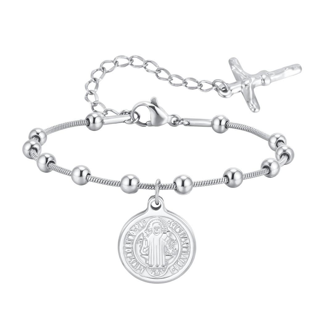 Religious Rosary Bracelets For Women, Holy Saint Benedict Portrait Bar, Stainless Steel No Fade Jewelry