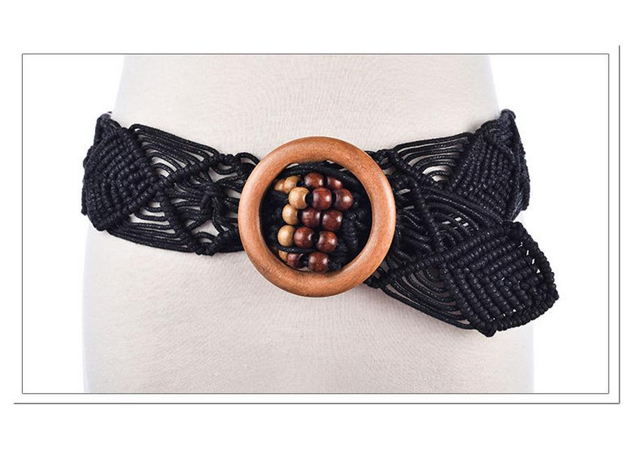 Ethnic Handmade Wax Rope Belt with Wood Buckle and Beads