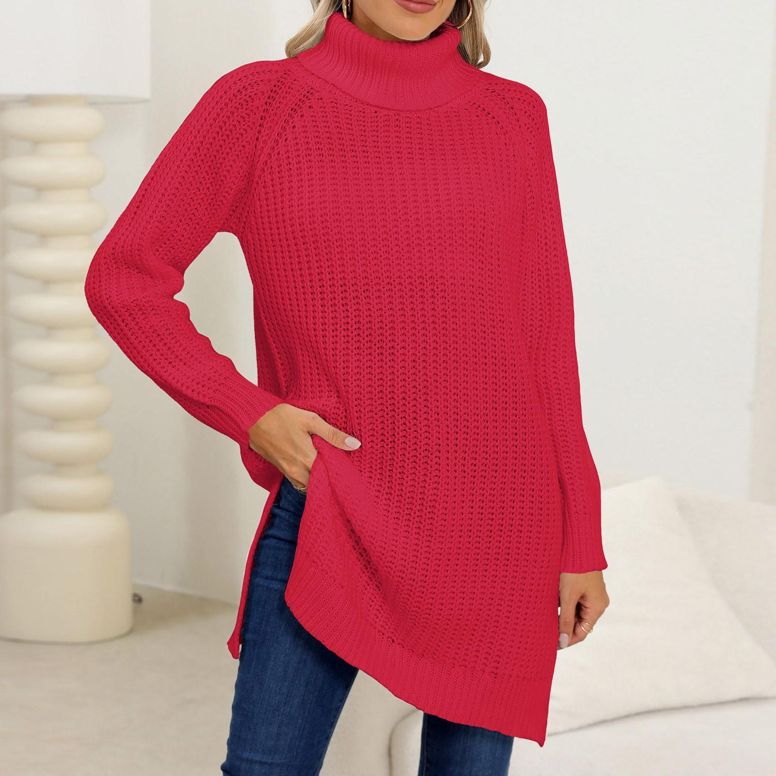 Женская мода осень и зима утолщенный свитер с высоким воротом и разрезом длинный свитер XL 2949₽