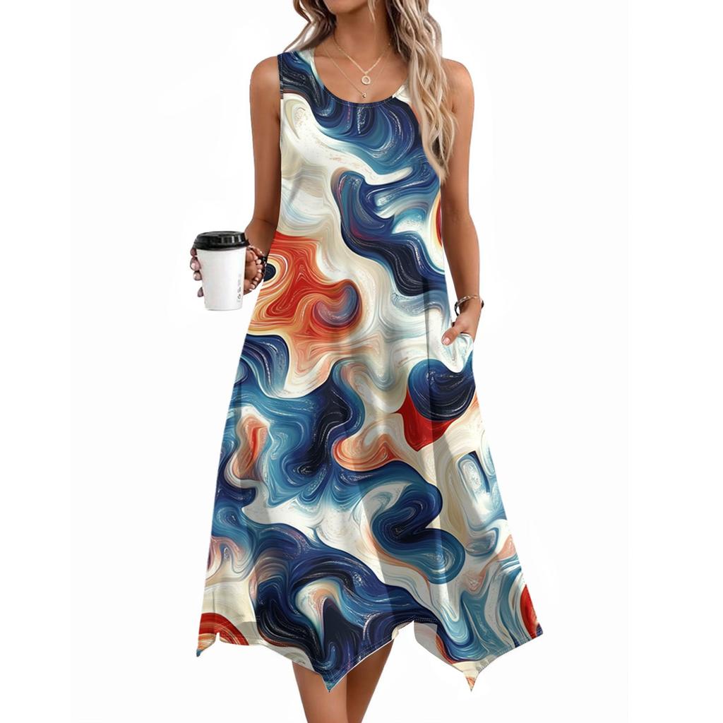 Dámské ležérní šaty na léto Tílkové šaty Volné plážové šaty s kapsami Rozšířené midi letní šaty