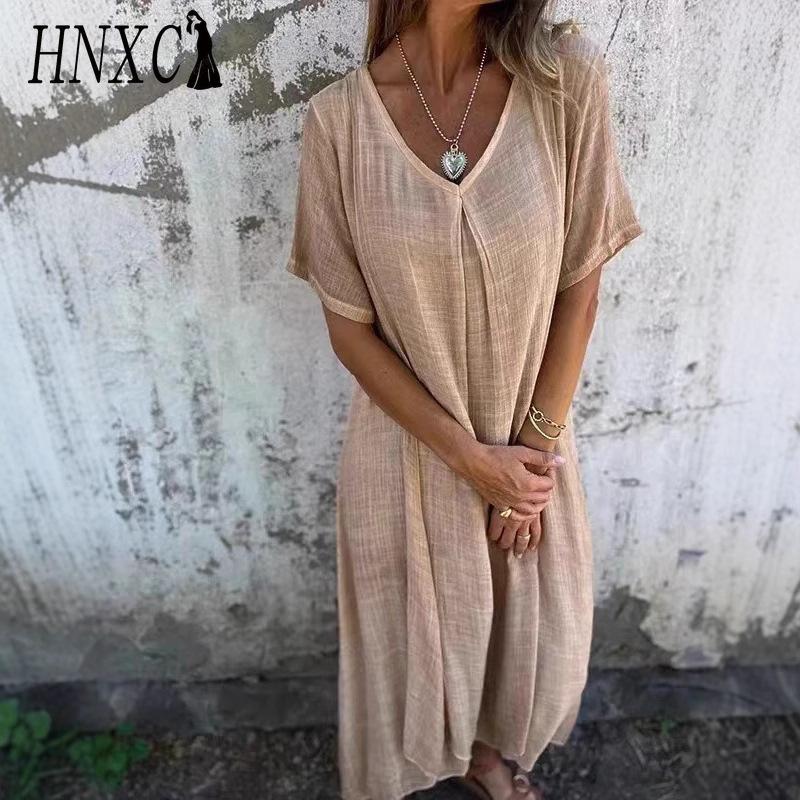 HNXC Dámská móda Léto Jaro Jednobarevný potisk Neformální šaty s krátkým rukávem a výstřihem do V s vysokým pasem
