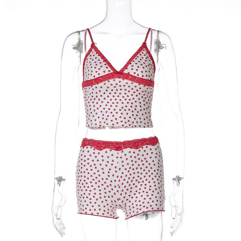 

Shemoda Pure Desire Sexy Heart Printing Fashion Suit V-neck Lace Splicing Sling Vest Shorts Two-piece Set Red S