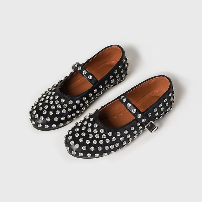 

Фабричная индивидуальная обувь Мэри Джейн на плоской подошве с круглым носком и ремешком с пряжкой, украшенная стразами-заклепками, женская удобная обувь для балета 35