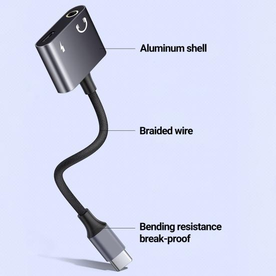 Type-C Audio Adapter Universal Safe Charging 2-in-1 Type-C to 3.5mm Headphone Jack Aux Converter Audio Cable for Mobile Phone