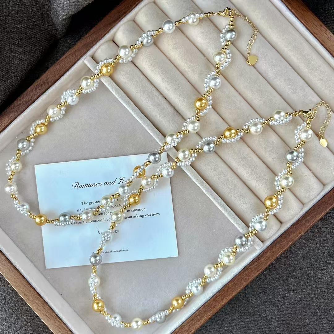 

Vintage High Quality Candy Color Mixed Color Faux Crystal Pearl Woven Necklace Collarbone Chain