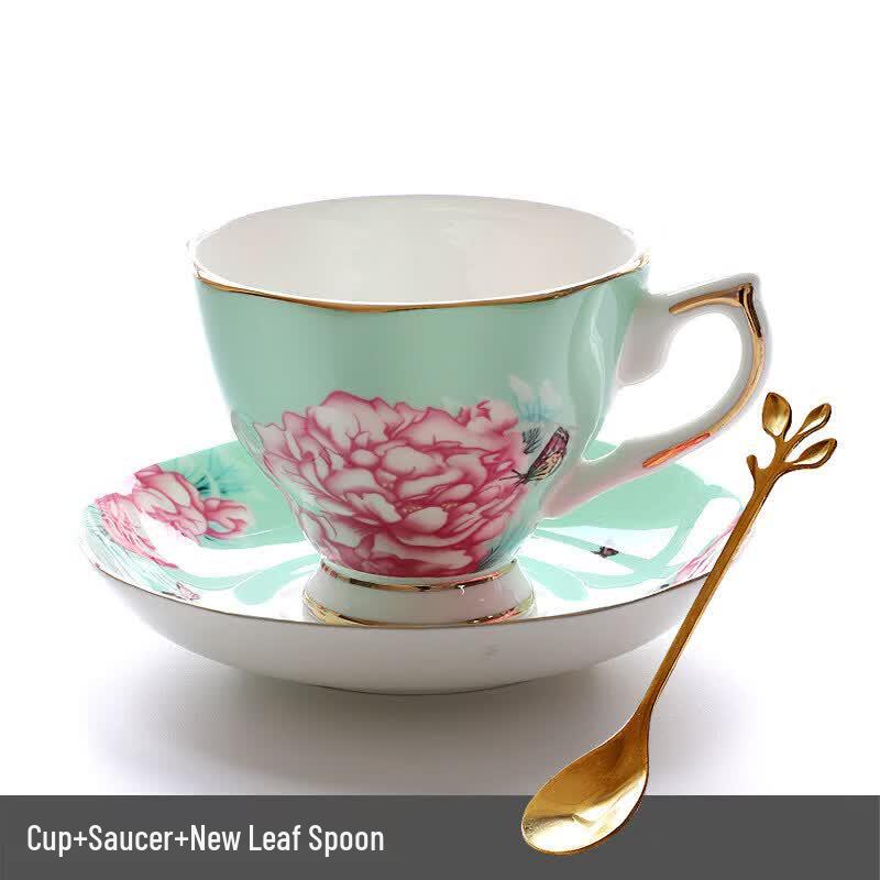 Qiwei European Bone China Coffee & Tea Cup Set with Lid - Floral Gold Accent