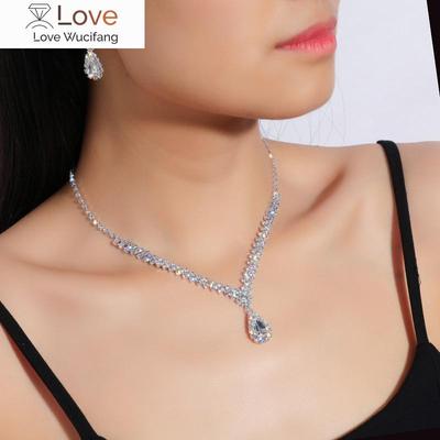 Fashion Waterdrop Bridal Jewelry Sets For Women Rhinestones V Shape Choker Necklace Earrings Sets Wedding Jewelry Set