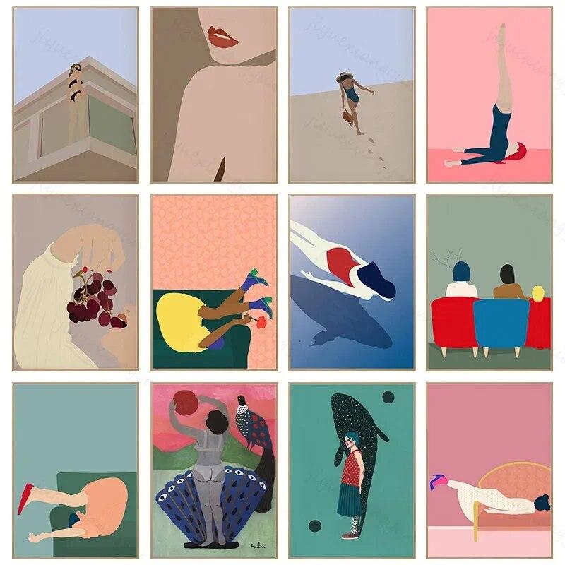 Stampa Poster Illustrazione Vita Quotidiana Donna Pesce Giaguaro Arte da Parete Pittura su Tela Soggiorno Casa Immagine Personalizzabile