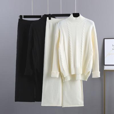Conjunto de suéter de gola alta discreta de alta qualidade com calças de perna larga feminino novo da moda outono e inverno conjunto de duas peças de malha que reduz a idade