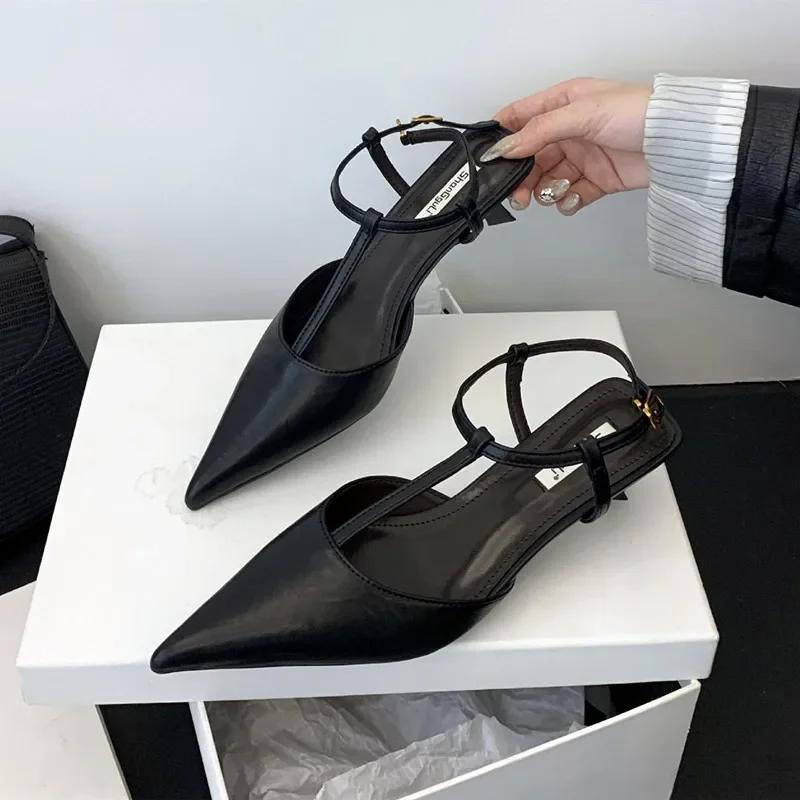 Fashion High Quality Low Small Heel Ankle Strap Women Pumps Sexy Pointed Toe Soft Leather High Heels Elegant Office Shoes Heeled Sandals