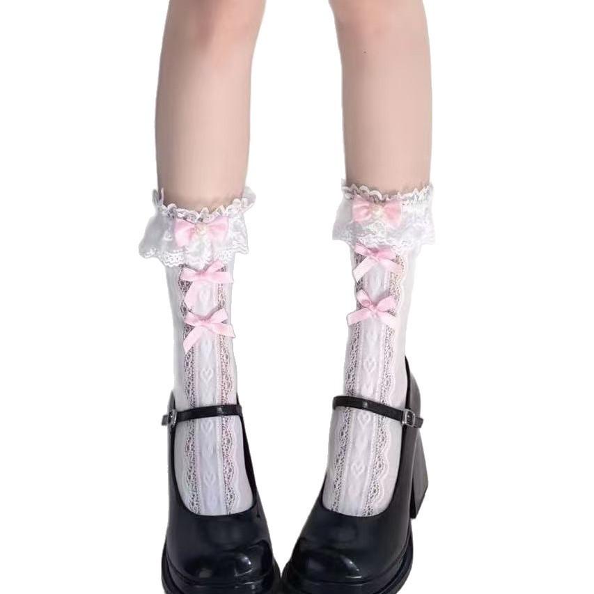 Lolita Cotton Kneehigh Socks With Lace Trim And Pearl Bows For Girls