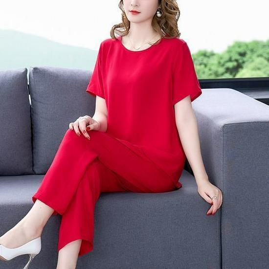Summer Cotton Silk Women's Loose Two-Piece Set: Solid Color Short Sleeve Top and Long Pants, Plus Size Casual Wear.