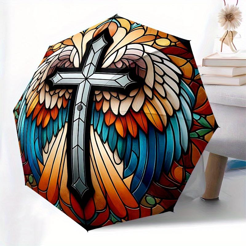 Stained Glass Angel Wings Cross Wall Art Decor Umbrella, Cute Umbrella with Cute Design, Portable 3-Fold Compact Umbrella for Men & Women, Valentine's