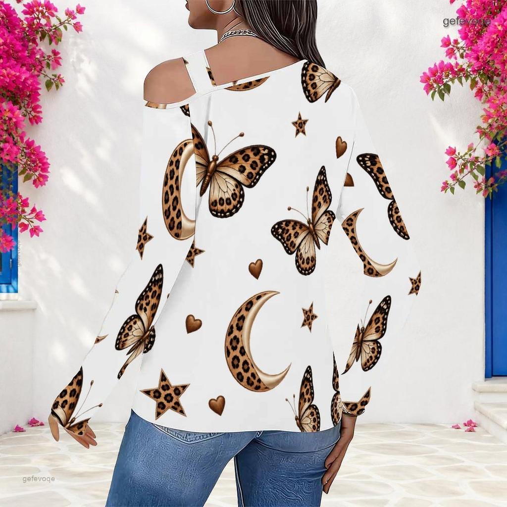 Women Plus Size Asymmetric Cutout Neck Cold Shoulder Long Sleeve White Leopard Belt Heart Star Printed Fitted Top