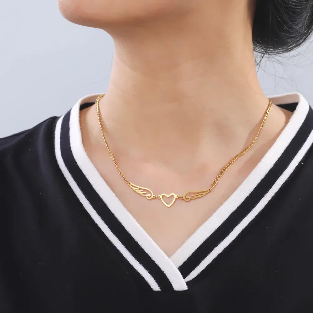 Cazador Hollow Wing of Angel Pendant Necklaces Feather Wings Stainless Steel Gold Color Charm Necklaces for Women Jewelry Kpop