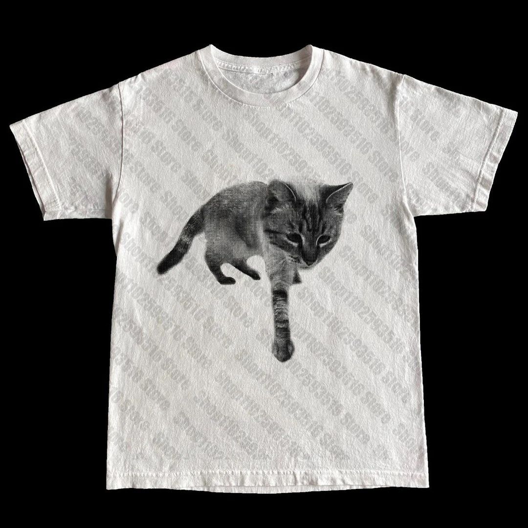 

Aesthetic Short Sleeve T-Shirt Y2k Clothes Gothic Emo Girl Croped Tops Fun Kitten Print Vintage Women Casual Baby Tee Streetwear 4XL