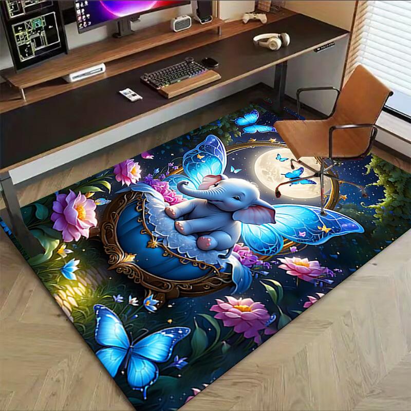 1PC Elephant Butterfly Extra Large Non Slip Floor Carpet, Office, Family, Bedroom Large Area Rug Indoor Rugs, Vibrant Colors