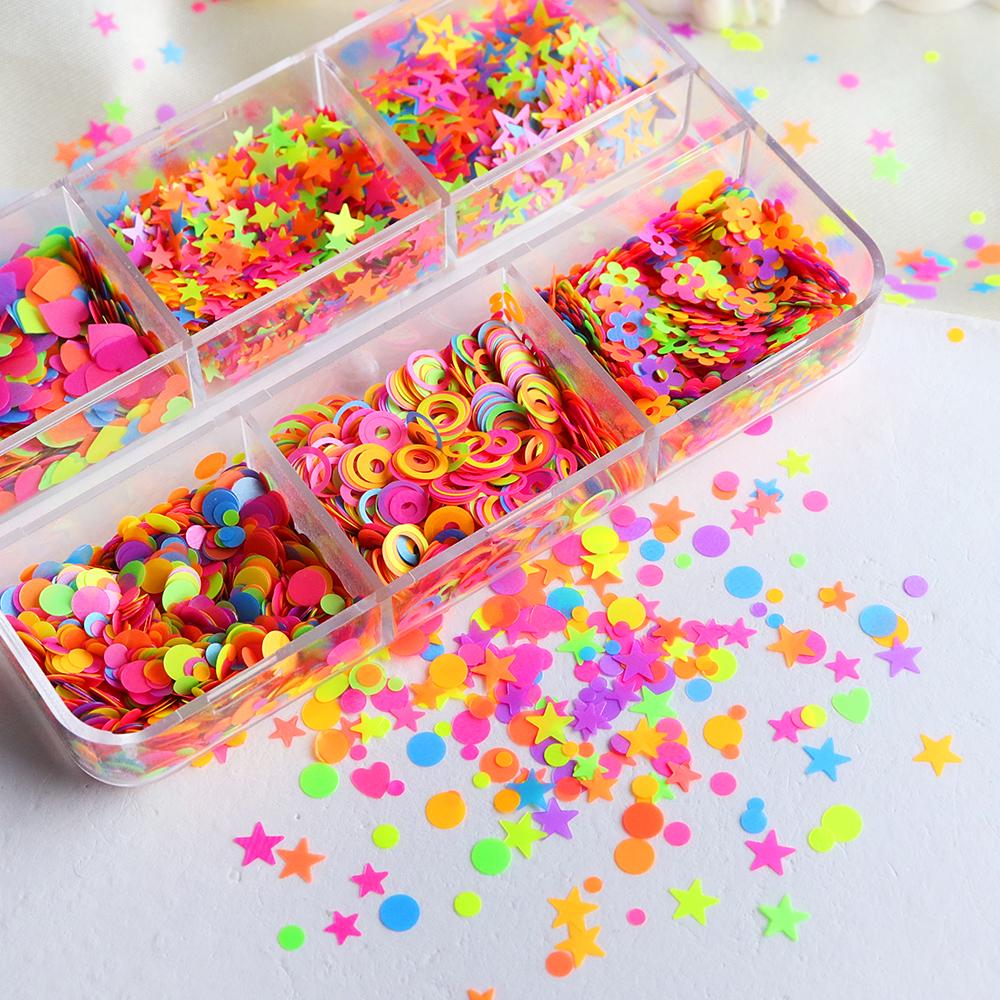 6 Grids Mixed Fluorescent Nail Sequins, Colourful Flower Star Shape Sparkling Flake Decoration Accessories, for Summer Nail Parts