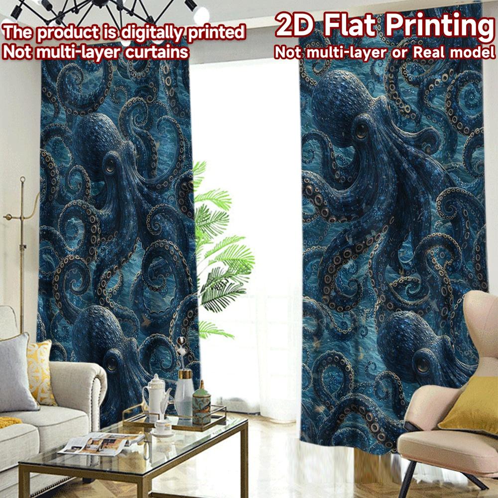 2D FLAT PRINTING 2pcs Curtains (Without Rod) Octopus Ocean Swirl Popular Curtain Fabric Yarn Curtains Romantic Use for