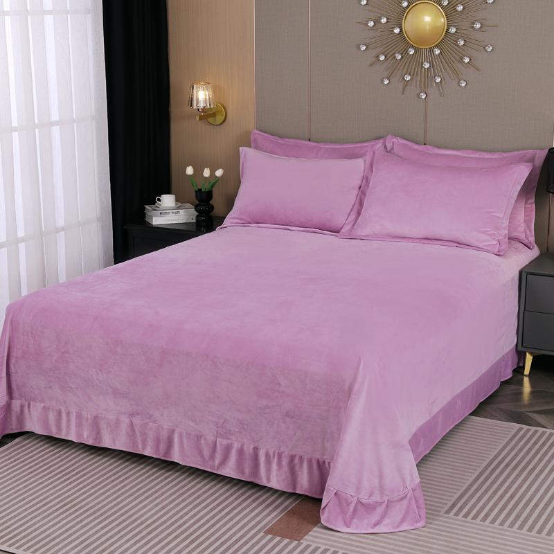 Solid Color Milk Velvet Bed Sheet Winter Warm Thick Flannel Flat Bedsheet Sets Double Size Soft Plush Bedspread No Pillowcases