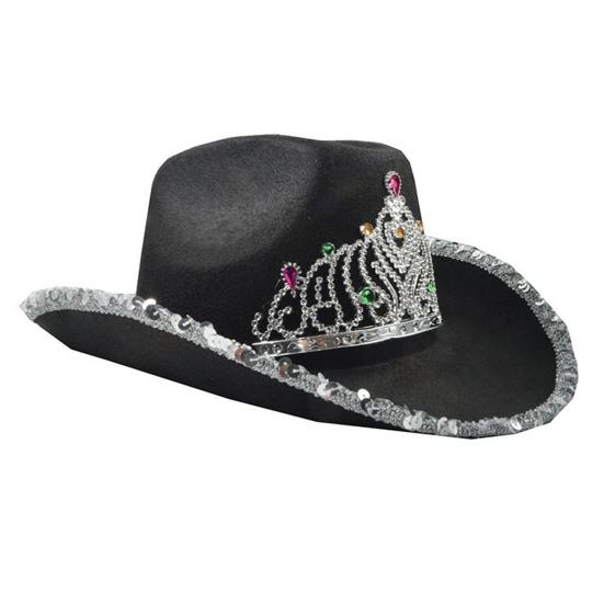 Women Cowboy Hat Rhinestones Inlay Crown Shiny Sequined Hat Brim Western-Themed Night Party Ladies Fancy Dress Festival Cowboy Costume Accessories