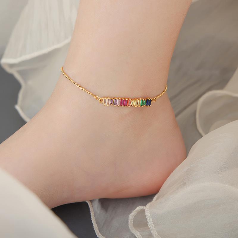 Colorful Retro Baroque Zircon Anklet, Titanium Steel, 18K Gold, Non-Fading Hip Hop Jewelry for Women