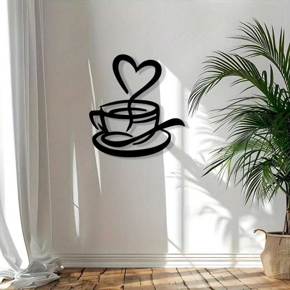 Heart Metal Wall Art Minimalist Coffee Cup Decor 2D Black Ironwork Kitchen Cafe Gift For Coffee Lovers