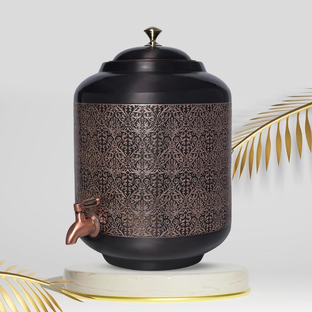 Copper Hammer Carving Water Dispenser Matka Vessels Container Pot with Stainless Steel Tap 11 Litre Ayurvedic Health Benefits Yoga  Copper