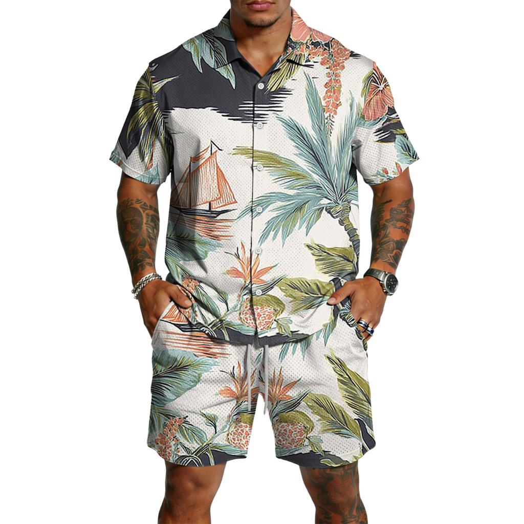 Men's Casual Print Matching Set - Lightweight Breathable Top and Drawstring Shorts 2-Piece Outfit for Summer