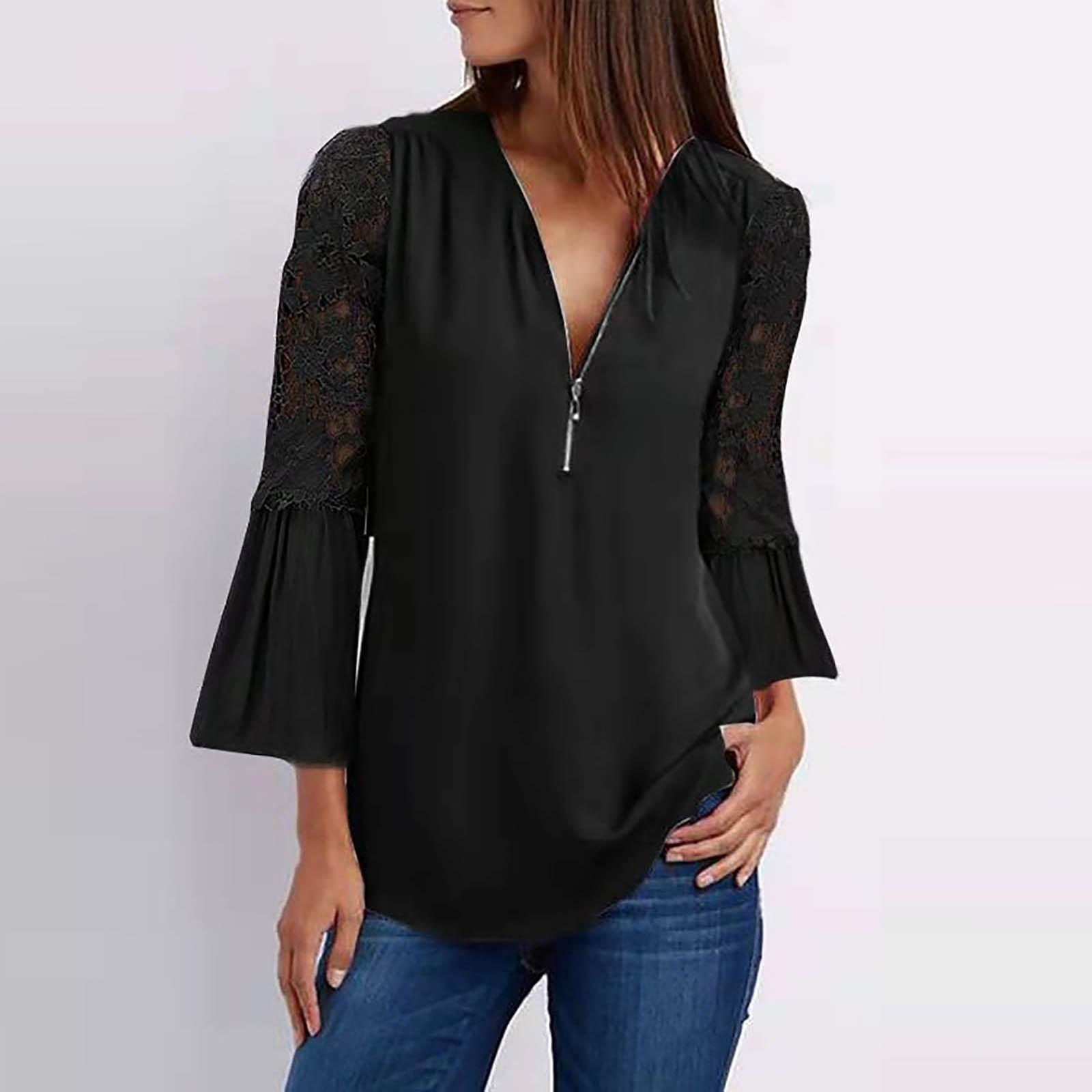 

Color Fashion Summer New Women S Slim Lace Sleeves Zipper V-Neck XL чёрный
