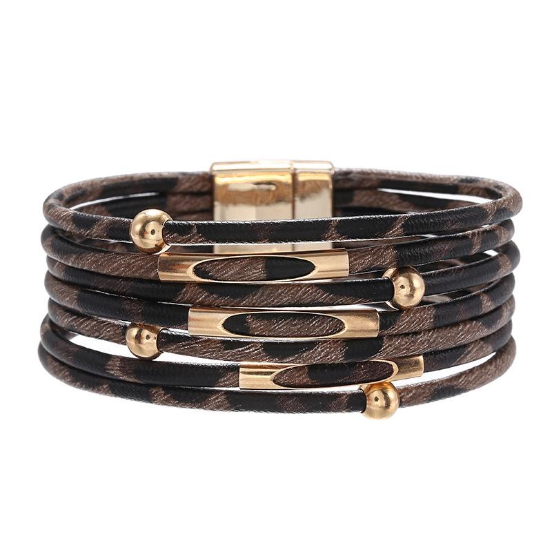 Leopard Print Magnetic Buckle Leather Bracelet: Alloy Beaded Cord with Copper Tube