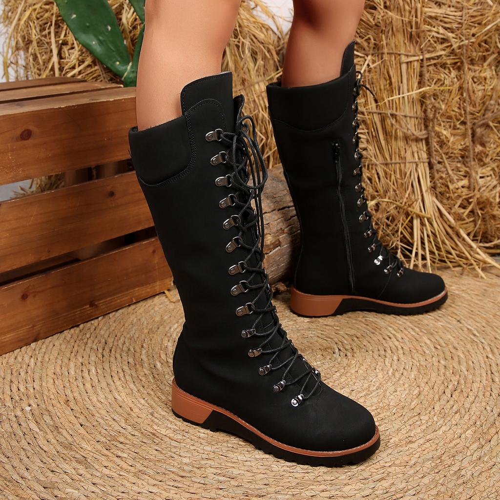 Women Knee-High Boots Round Head Front Cross Lacing Shoes  New Platform Shoes Women Anti-slip Wear-resistant Ankle Boots