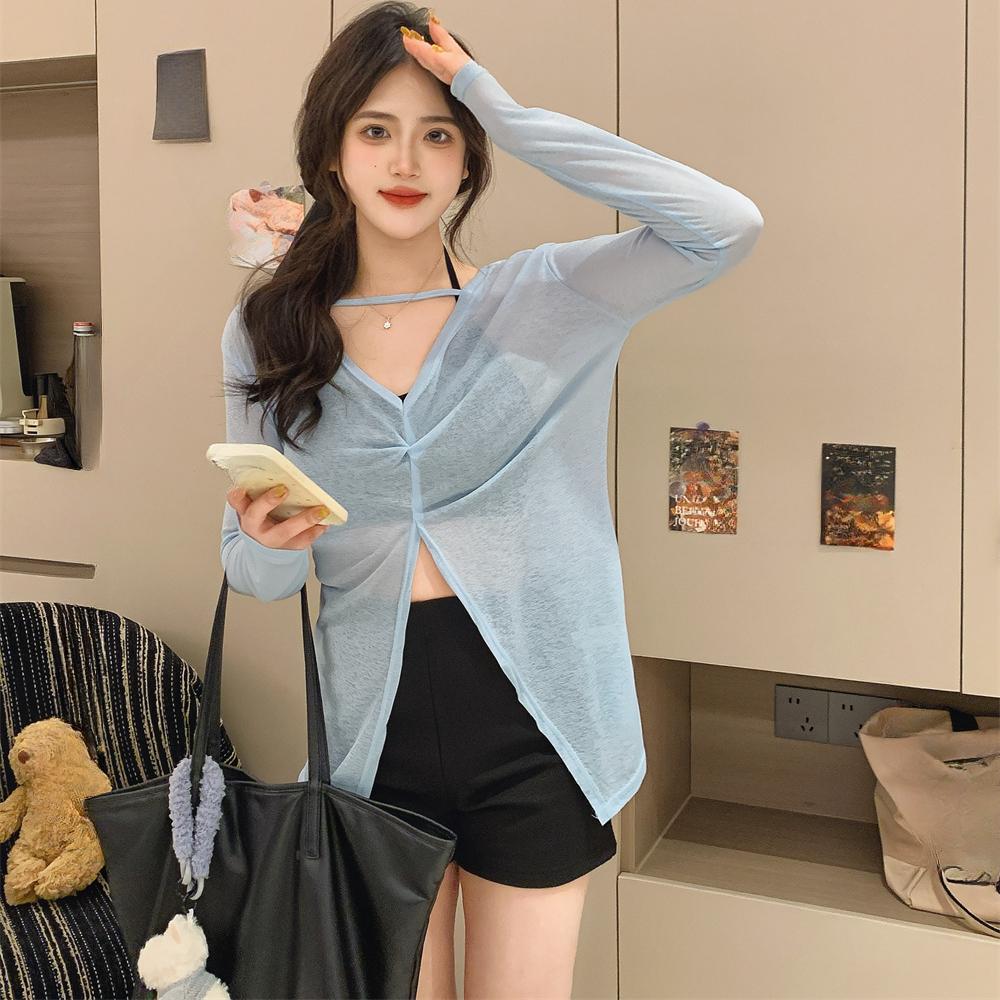 2025 spring Summer V-neck Sunscreen Thin Lazy Loose Long Sleeve T-shirts casual loose solid perspective Front and Back Double Top for Women t shirt