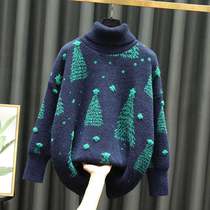 Christmas Red Turtleneck Sweater Women's Autumn Winter Vintage Casual Loose Pullovers Long Sleeve Christmas Tree Knitted Tops