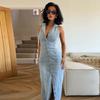 Szykowna Damska Jeansowa Obcisła Długa Sukienka Niebieska Klapy Głęboki Dekolt V Wysokie Rozcięcie Bez Rękawów Jednorzędowa Falbankowa Szata 2025 Damska Codzienna Vestido