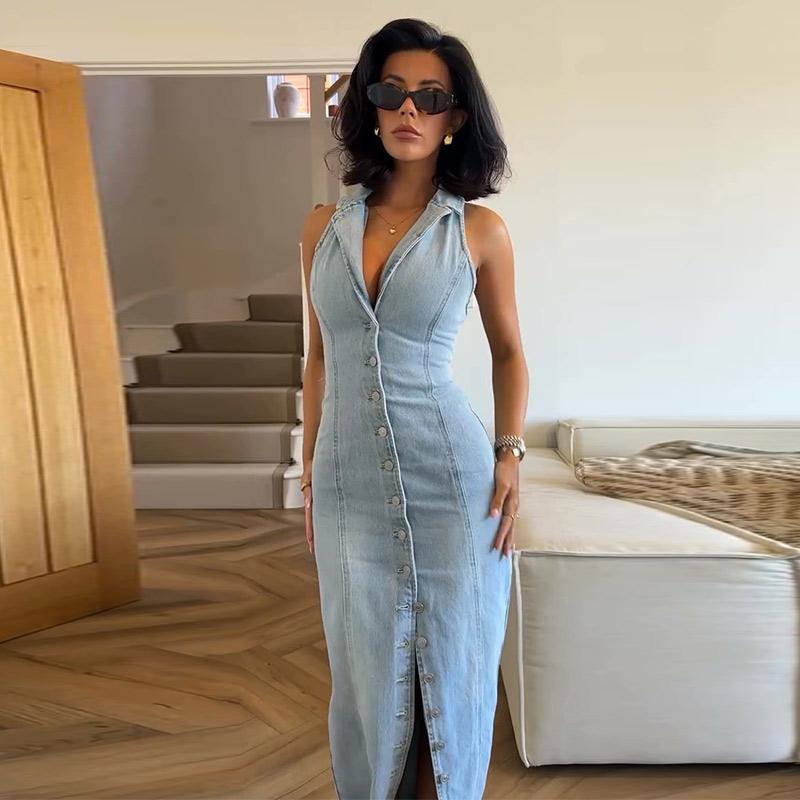 Szykowna Damska Jeansowa Obcisła Długa Sukienka Niebieska Klapy Głęboki Dekolt V Wysokie Rozcięcie Bez Rękawów Jednorzędowa Falbankowa Szata 2025 Damska Codzienna Vestido