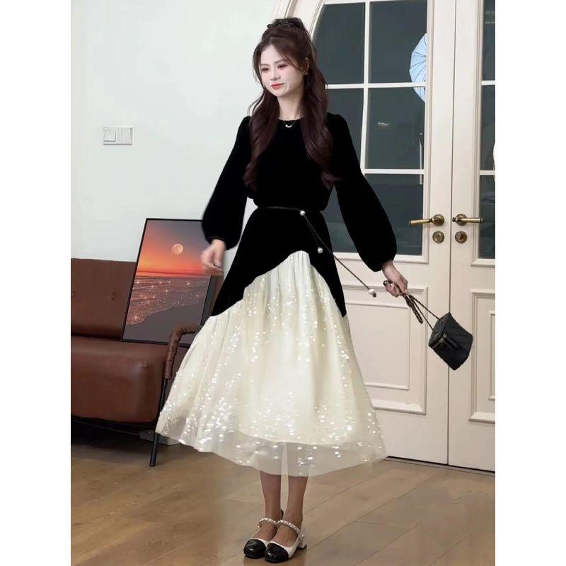 

Платье из бархата с пайетками и вставками из тюля в стиле Хепберн, женская одежда, поступления начала весны 2025 года, французский темперамент светской львицы, длинное платье Black XL