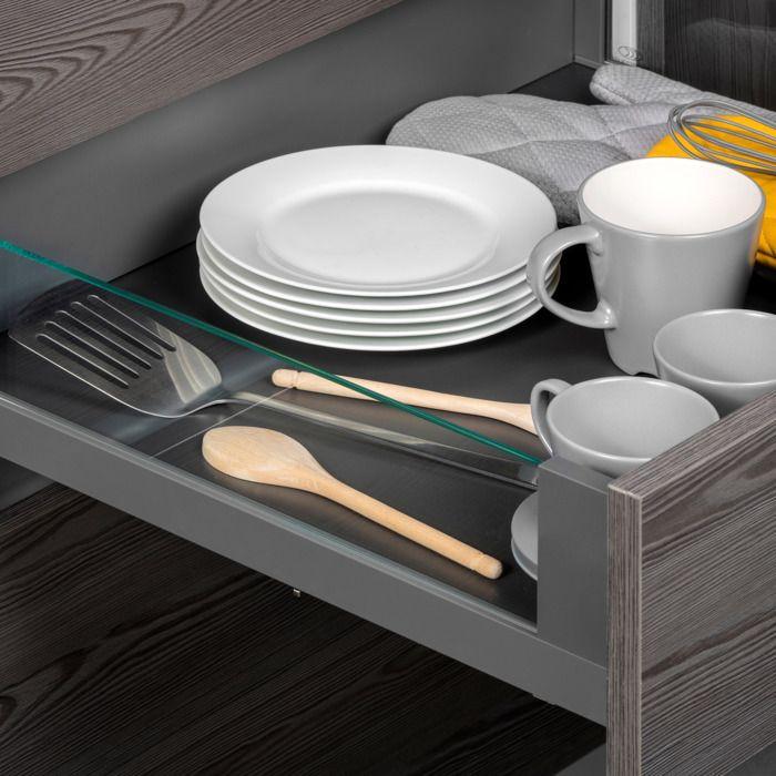 Emuca tiroir extérieur vertex 40kg côtés en verre 131mm de haut, 500mm de profondeur, acier &amp; aluminium et verre, gris anthracite