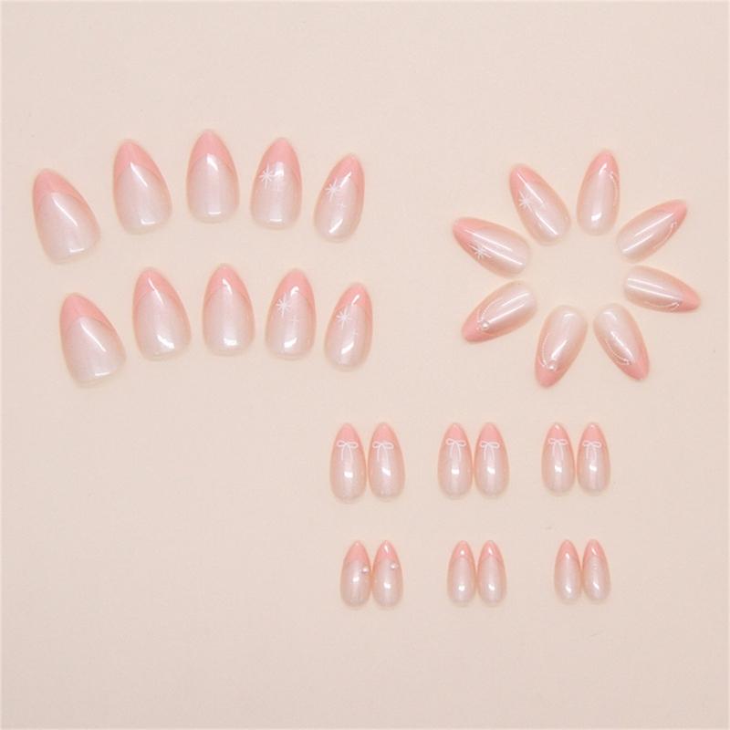 Short Almond Christmas False Nail with Bowknot Designs French Tips Press On Nail Artificial Nail for Women 24 Pcs